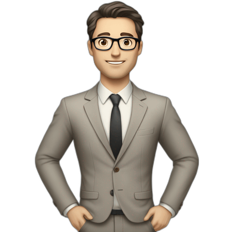 Full height Pale skinned Fit Man With dark brown hair in classic gray suit, beige office shirt, dark gray tie, and vintage glasses. His hands lock emoji