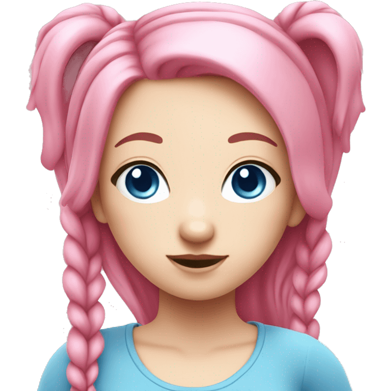 pink kawaii white girl with pink hair in pig tails, blue eyes, emoji