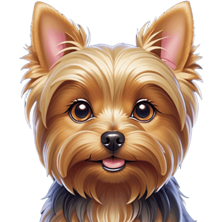 Cinematic Cute Yorkshire Terrier Portrait Emoji, Head perked with bright, twinkling eyes and a perky expression, showcasing a soft, silky fur in rich hues, simplified yet adorably detailed, glowing with a cheerful, inviting glow, high shine, exuding playful intelligence and spunky charm, styled with a gentle, whimsical outline, capturing the essence of a cute Yorkshire Terrier that appears ready to frolic off the screen with irresistible energy! emoji