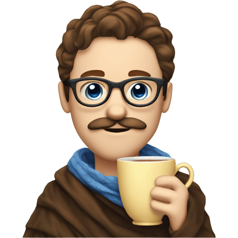 brown hair blue eyes moustache and Soul patch pale guy with glasses drinking tea with blanket on emoji