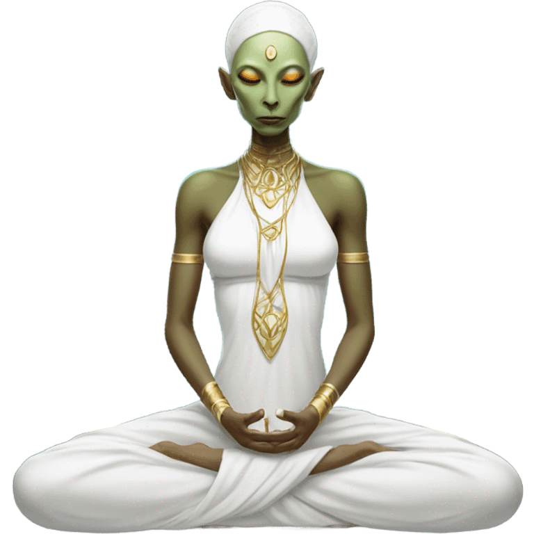 a Reptilian alien woman,in meditation, white dress like a priestess emoji