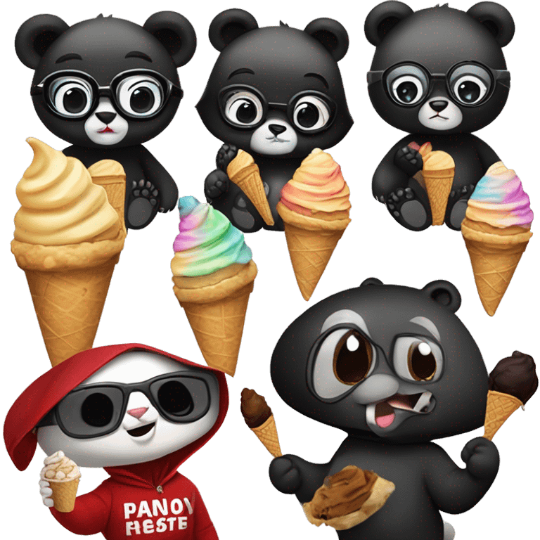 Baby panda cub in red money heist jumpsuit eating cone rainbow ice cream with his old friends a black panther and big bear with nerdy glasses  emoji