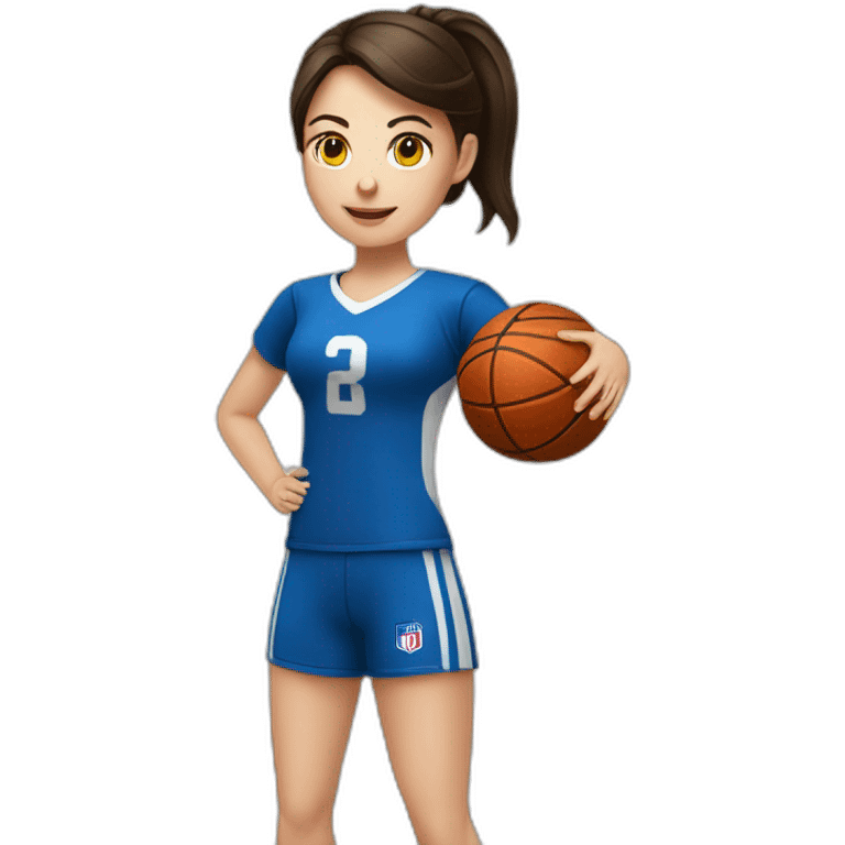 White skin brunette female playing football with very small basket ball emoji