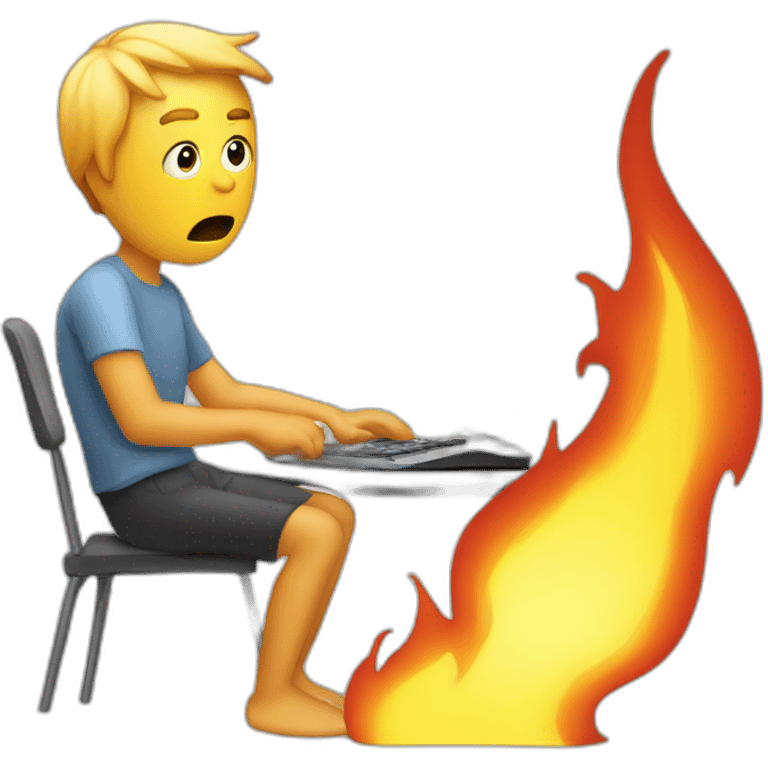 confused human failing to use computer where the computer is on fire emoji