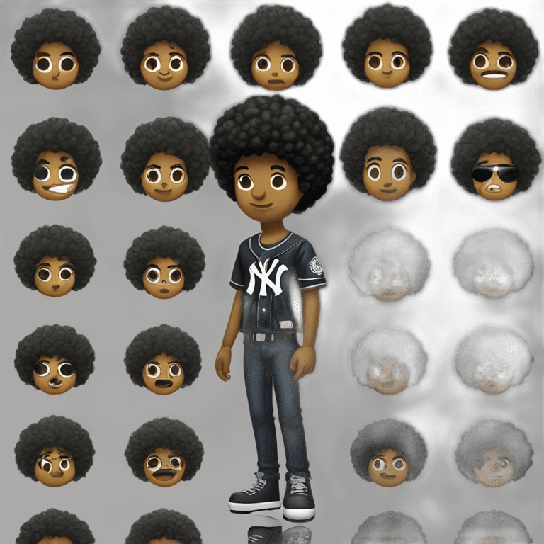 Crea un muchacho rockero, con pantalón camuflageado y una playera negra de NY yankees, con cabello tipo afro , brazos tatuados y un letrero que diga tichobboy emoji