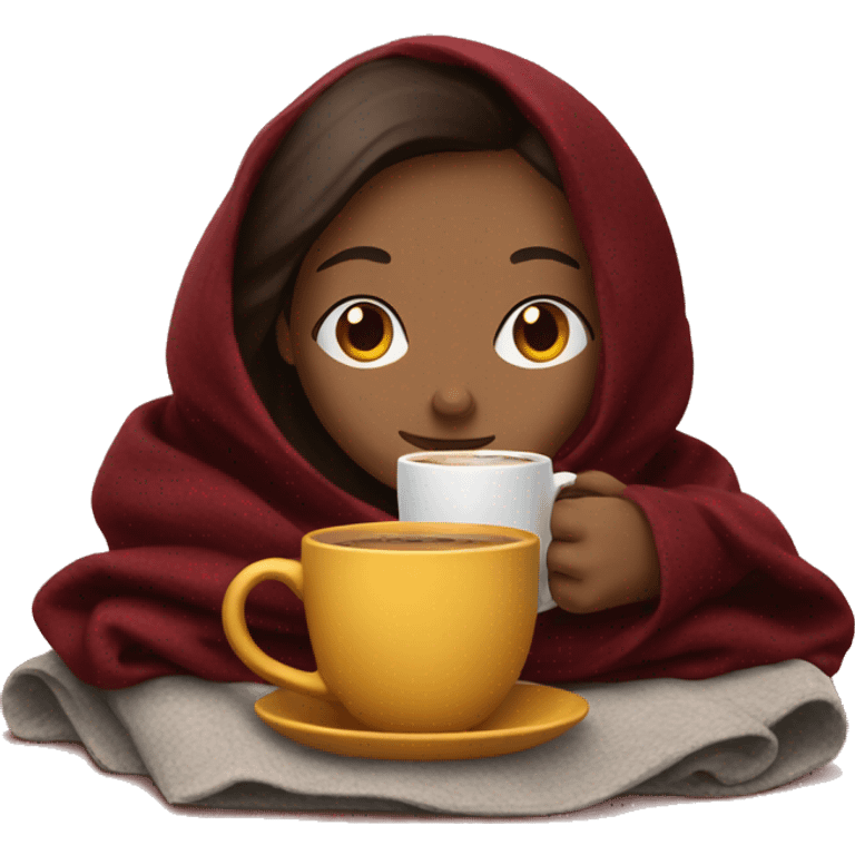 Brunette girl inside a maroon blanket sipping coffee eyes closed emoji