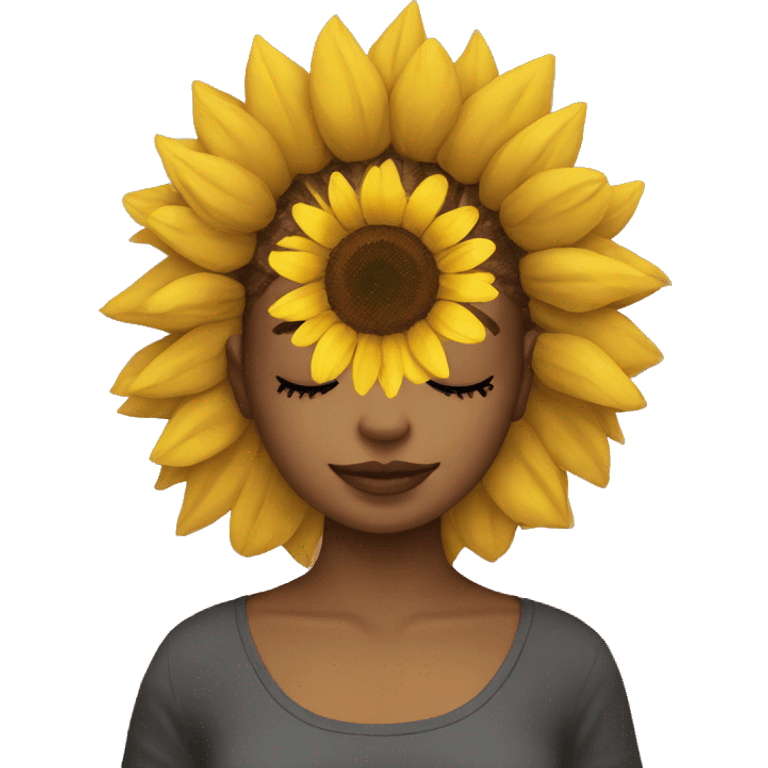 A girl wearing a sunflower plushie around her face and head emoji