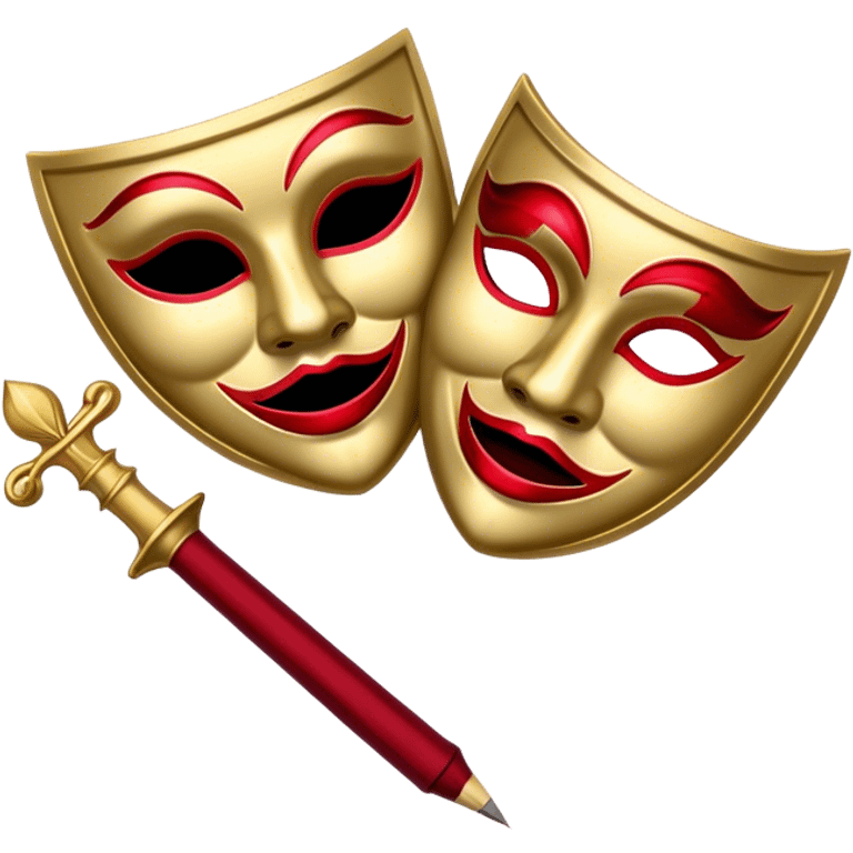 Create a bold and dramatic emoji representing the art of playwriting. The design should feature an open script or a theater playbook, with stylized text inside. Include elements like a theatrical comedy and tragedy masks, a stage spotlight, or a writting quill to symbolize creativity and performance. Use deep, contrasting colors like red, black, and gold to evoke the intensity and passion of drama. The overall design should feel dramatic, inspiring, and artistic. Make the background transparent. emoji