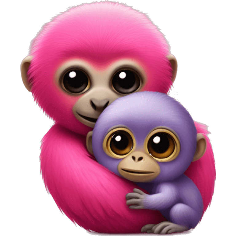 Cute Titi monkey hugging a cute colorful pink dodo bird emoji