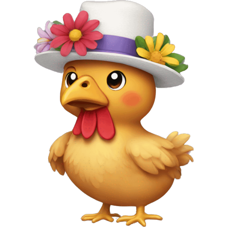 Chicken with hat and flowers emoji