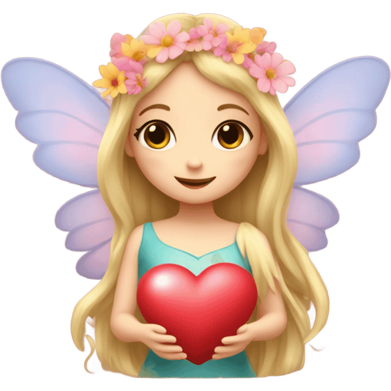 Fairy, long blonde hair, wings, flowers, heart eyes, hands holding heart emoji