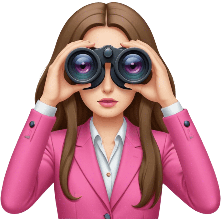 futuristic-looking woman with long hair in an intensive color pink suit looking through two-eye binoculars emoji