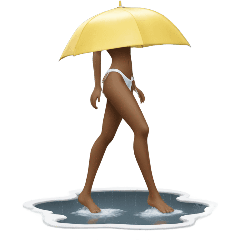 Bare-Foot model in bikini stepping in white rain puddle  emoji