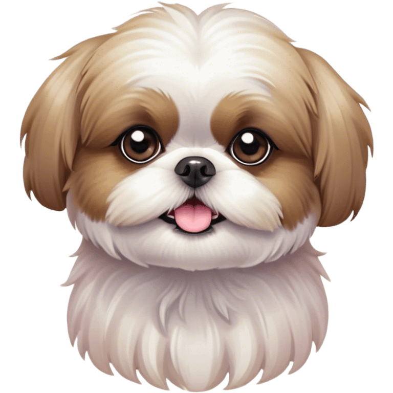 Cinematic Cute Shih Tzu Portrait Emoji, Head playfully tilted with large, sparkling eyes and a fluffy, endearing fur in gentle, pastel tones, simplified yet irresistibly charming, highly detailed, glowing with a warm, cuddly radiance, high shine, radiating affectionate and joyful energy, styled with a soft, playful outline, capturing the essence of a cute Shih Tzu that seems destined to charm everyone in its path! emoji