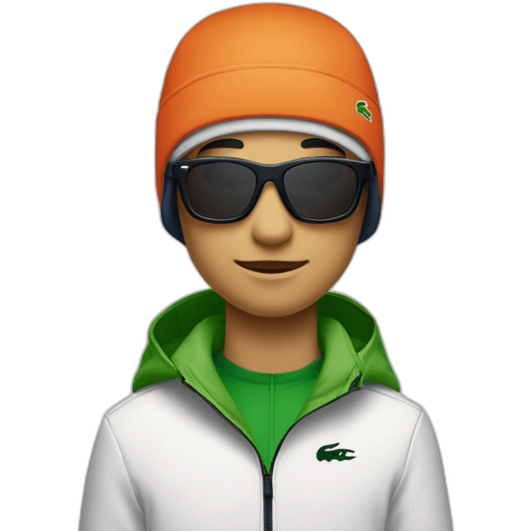 Un garçon blanc qui porte das lunettes de ski, il a les cheveux noirs, un survetement de lacoste et une casquette nike emoji