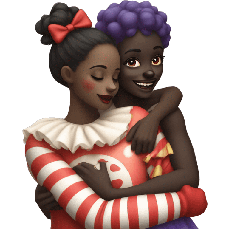 Dark skin girl hugging a clown, clown has on clown makeup, red nose,  emoji