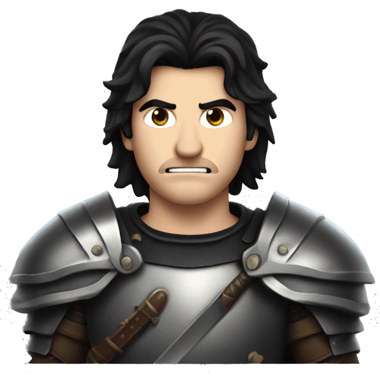 white guy with black hair and leather armor with a big sword and an angry face emoji