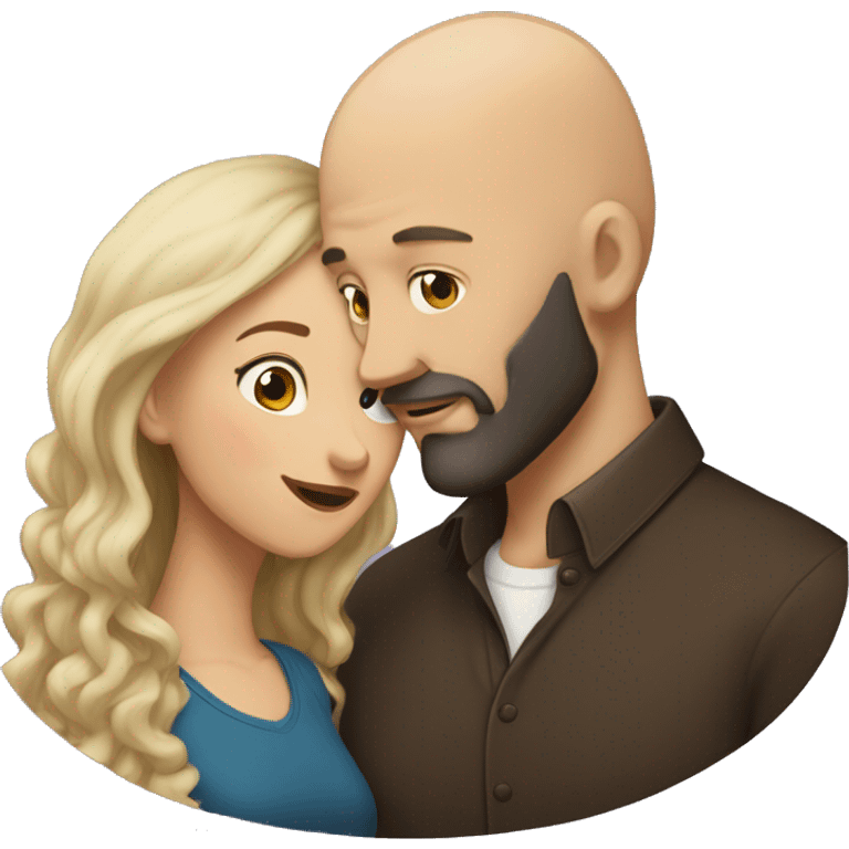 White Man bald with dark beard kissing short brown woman with long dark wavy hair emoji