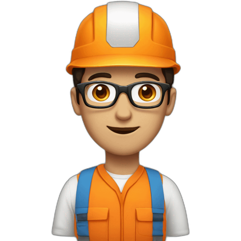 a dark-haired guy with square glasses, in an orange repairman's uniform, blue eyes, emoji