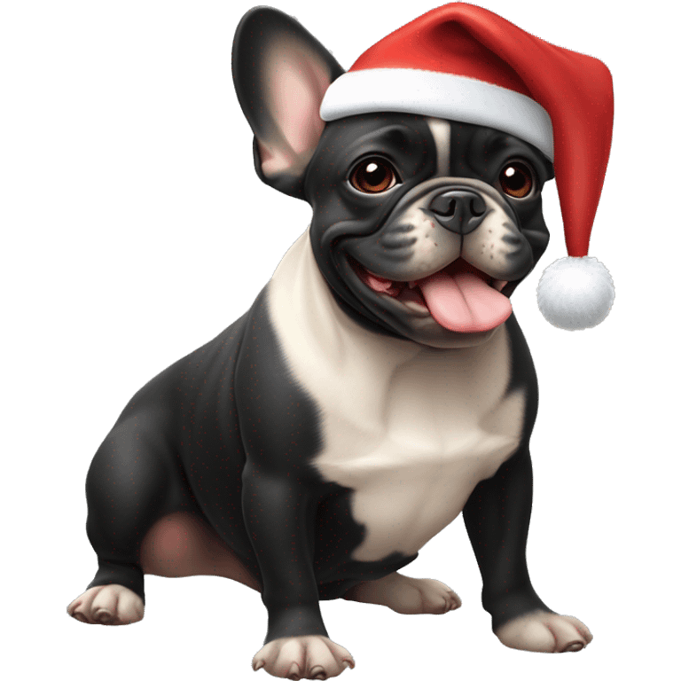 A small, black-and-tan French bulldog with a mostly black face and tan paws, wearing a classic red and white Santa hat, sitting happily with its tongue slightly out. emoji