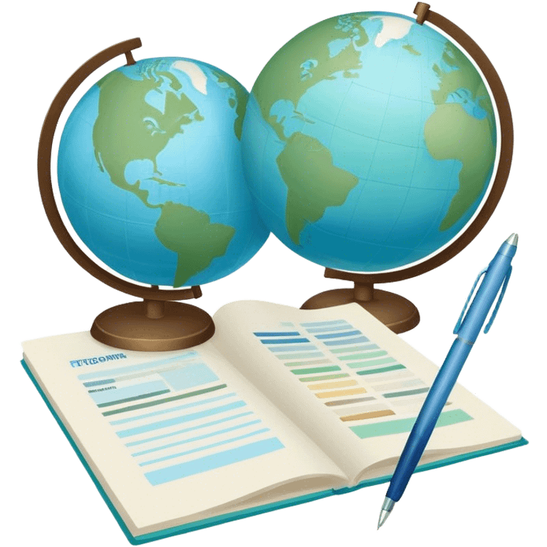 Create an emoji representing language translation. The design should feature just one globe in the background, symbolizing international communication. In front of the globe, place two books or sheets of paper with texs on them and a pen nearby to indicate the act of writing. Use a clean and professional color palette with blues, greens, and neutral tones. Make the background transparent. emoji