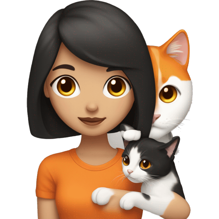 Brunette girl with brown eyes, holding a tricolor  black white and orange cat. Cat has one side of the face orange and the other side black. Mouth is white emoji