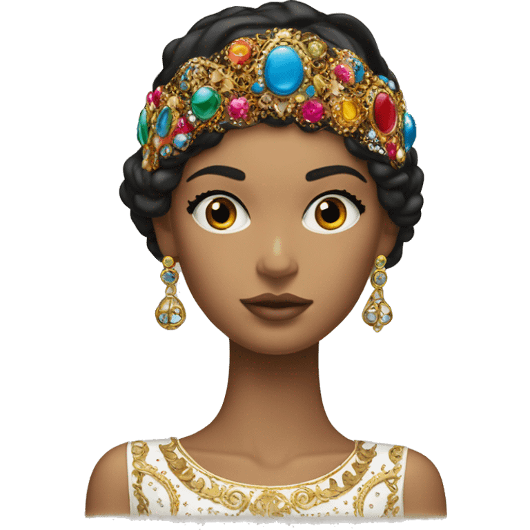 Dolce and Gabbana Italian model with dark hair and headband with colourful ornament and golden detais  emoji