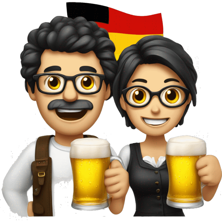 Dark hair man and woman with glasses going crazy . Beer in hand and German flag  emoji