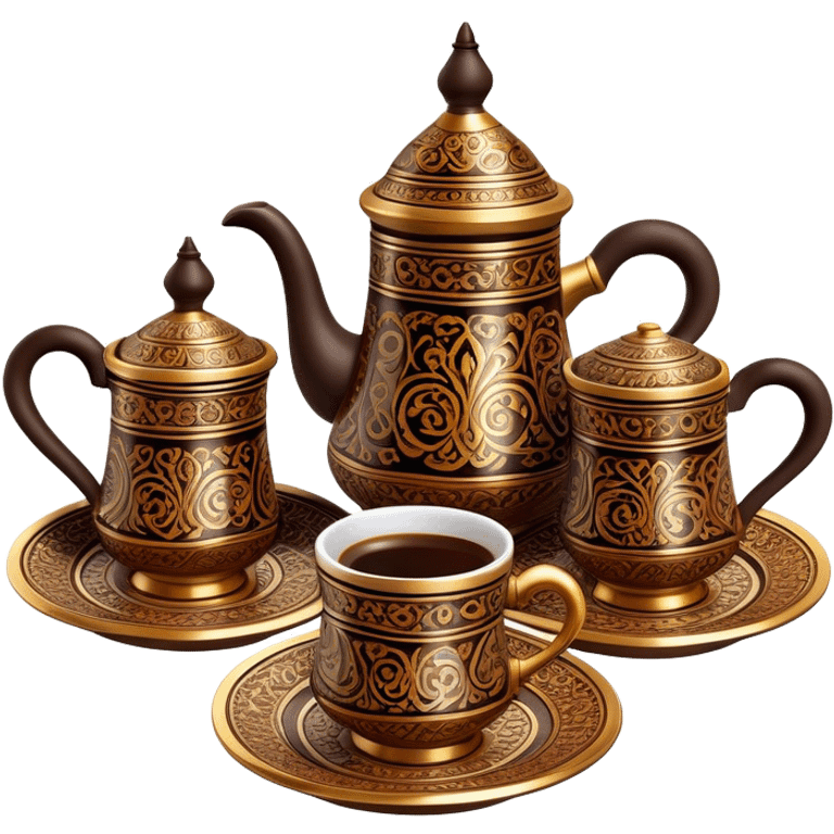 Turkish Coffee Set – Cinematic Realistic Turkish Coffee Set, depicted as an elegantly arranged ensemble of ornate coffee cups and a traditional cezve pot, adorned with intricate patterns and rich, warm colors, rendered with detailed textures and soft ambient lighting that captures its cultural heritage. emoji