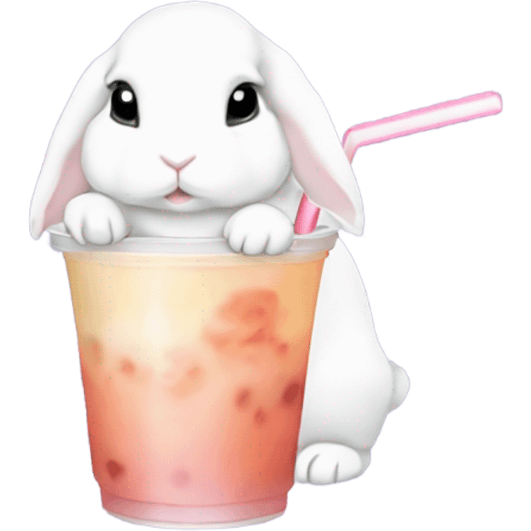 White mini lop rabbit drinking boba tea emoji