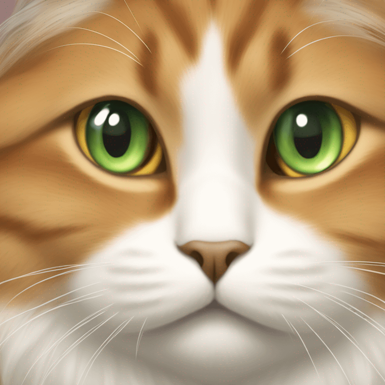 Long haired, fat, orange and white  furred cat, face is a little chubby, green eyes emoji