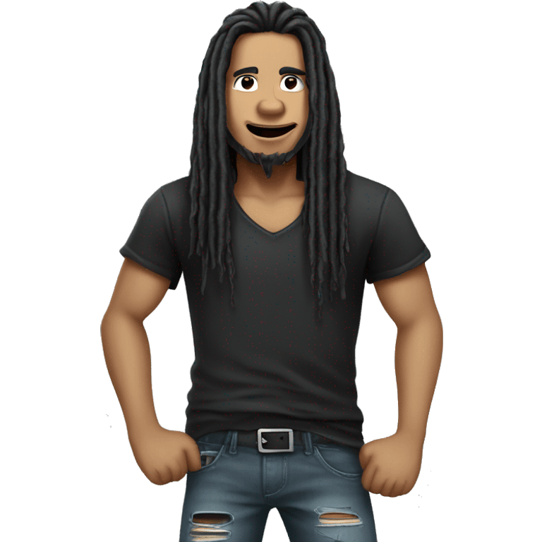 3D cartoon character, Indonesian man with long black dreadlocks, wearing a black rocker t-shirt and ripped jeans, wearing a watch emoji