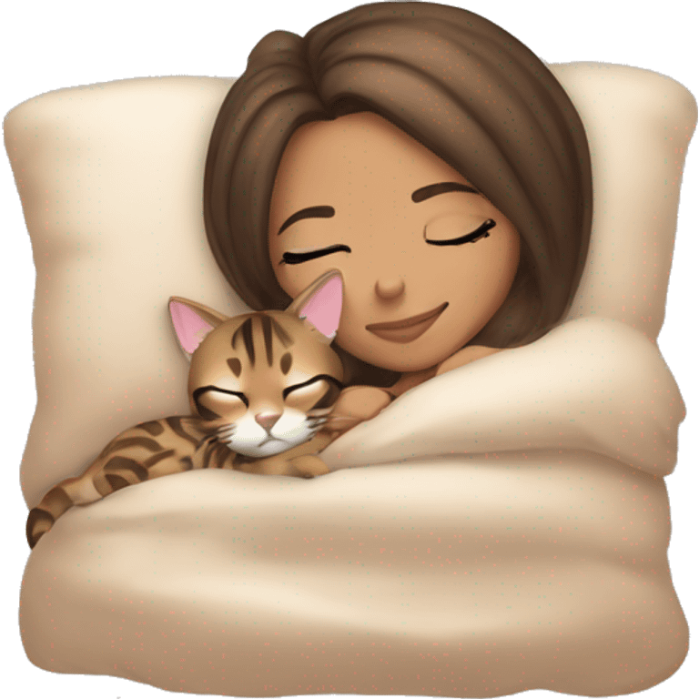 light skin brunette girl sleeping with bengal cat emoji