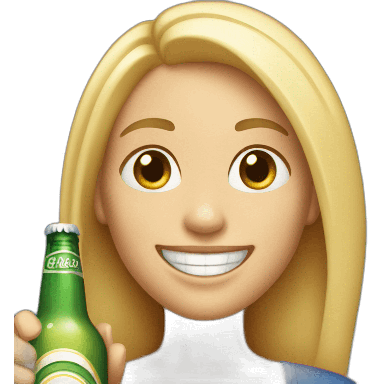 A 41 year old cheerful woman with light skin and light blond half long hair grinning and holding a bottle of beer emoji