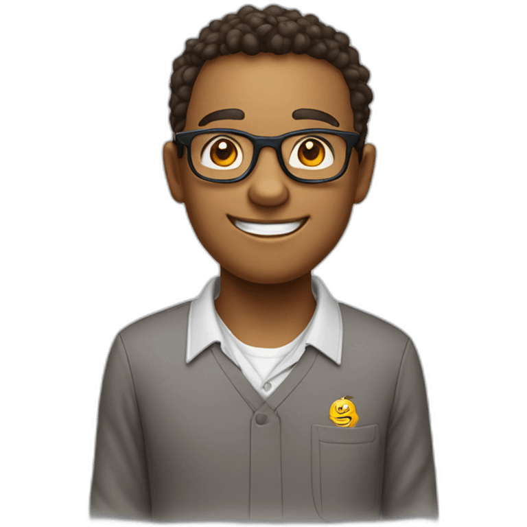 Friendly cartoon character wearing school uniform or casual clothes, wearing a pair of glasses and smiling broadly emoji