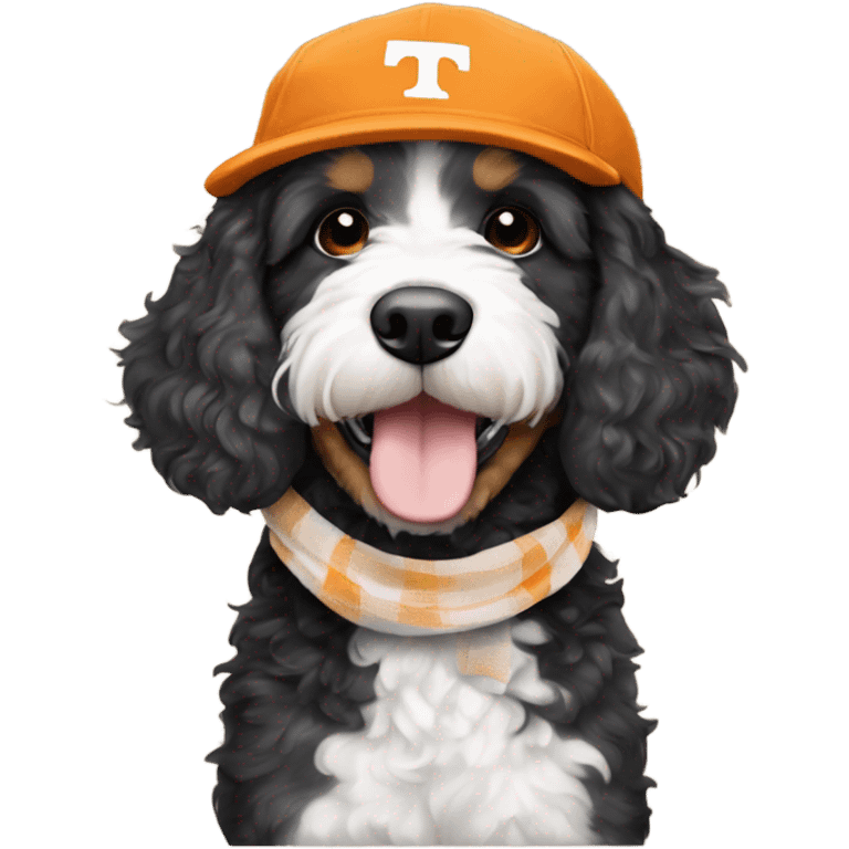 Bernedoodle with University of tennessee hat and scarf emoji