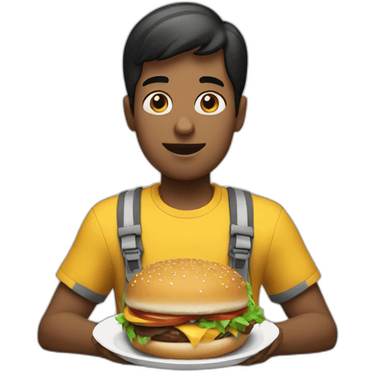 a white man with black short hair eating two burgers wearing sneakers emoji