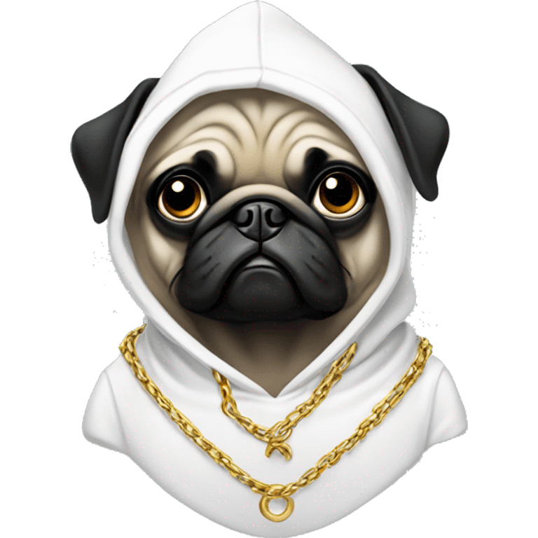 Black Pug wearing white hoodie and gold chains emoji