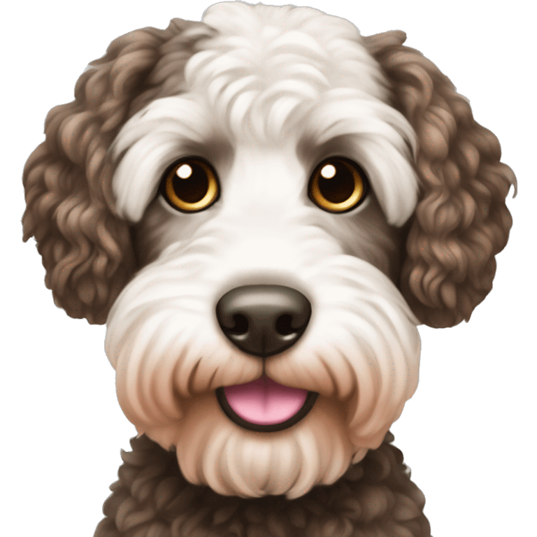 Cockapoo with white and dark brown face with a pink nose emoji