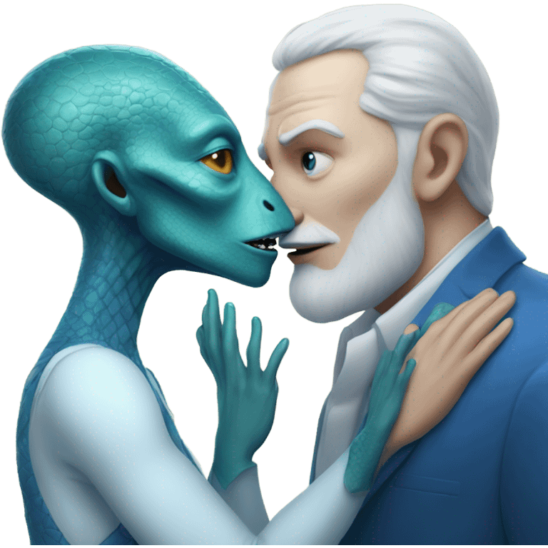 White man in blue dress hugs and kissing Alien reptilian woman in white dress  emoji