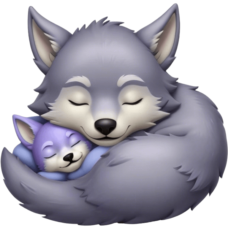 Meme-Worthy Cute Sleeping Werewolf Portrait Emoji, with a cuddly, miniature lupine form in soft moonlit grays and silvers, head resting peacefully with gently closed dreamy eyes and a small, content smile, simplified yet irresistibly endearing, highly detailed with a soft glowing outline that captures the cozy, sleepy essence of a werewolf after frolicking under the full moon! emoji