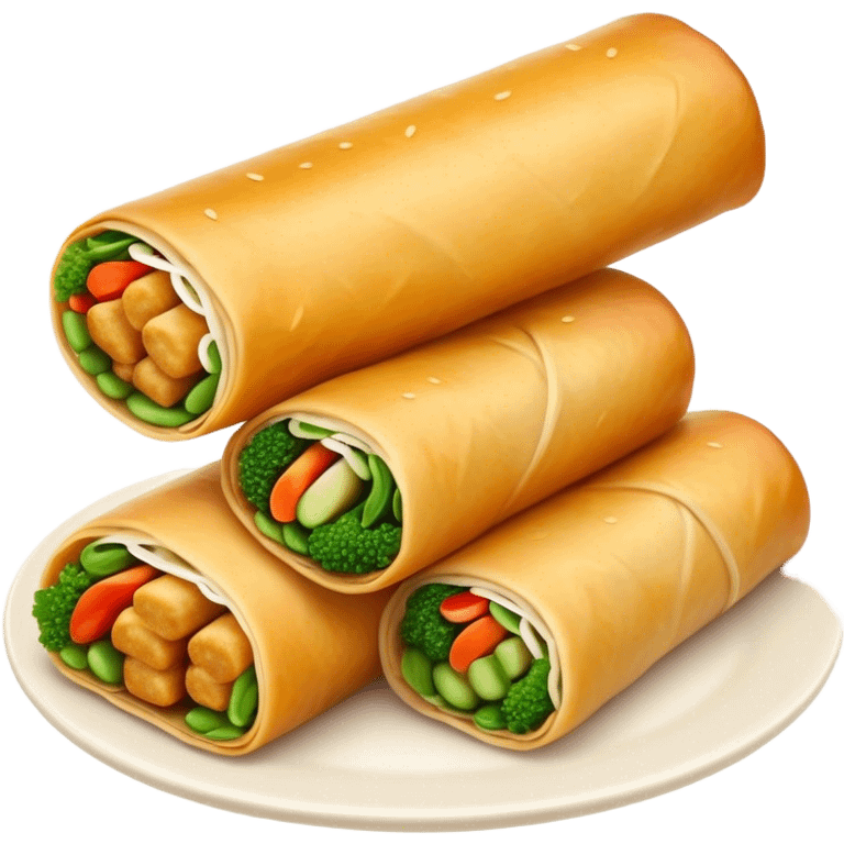 Cinematic Realistic Spring Rolls Dish Emoji, featuring golden, crispy rolls filled with fresh vegetables rendered with detailed textures and warm natural lighting. emoji