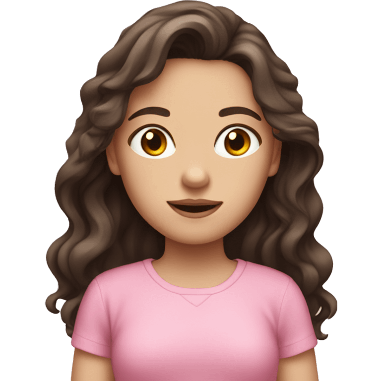 pale girl with long dark brown wavy hair and a pink shirt emoji