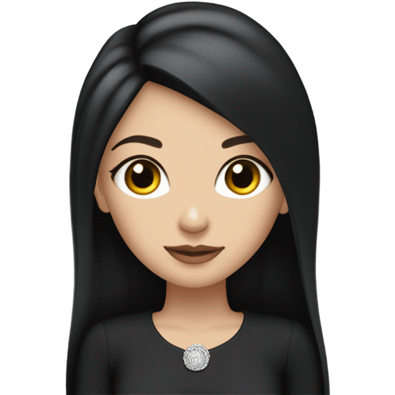 white girl with straight long black hair, wearing black dress with sleeves, hoops silver earrings and a silver necklace  emoji