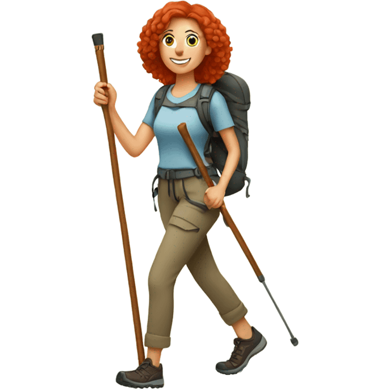 Red haired woman hiking full body with hiking sticks emoji