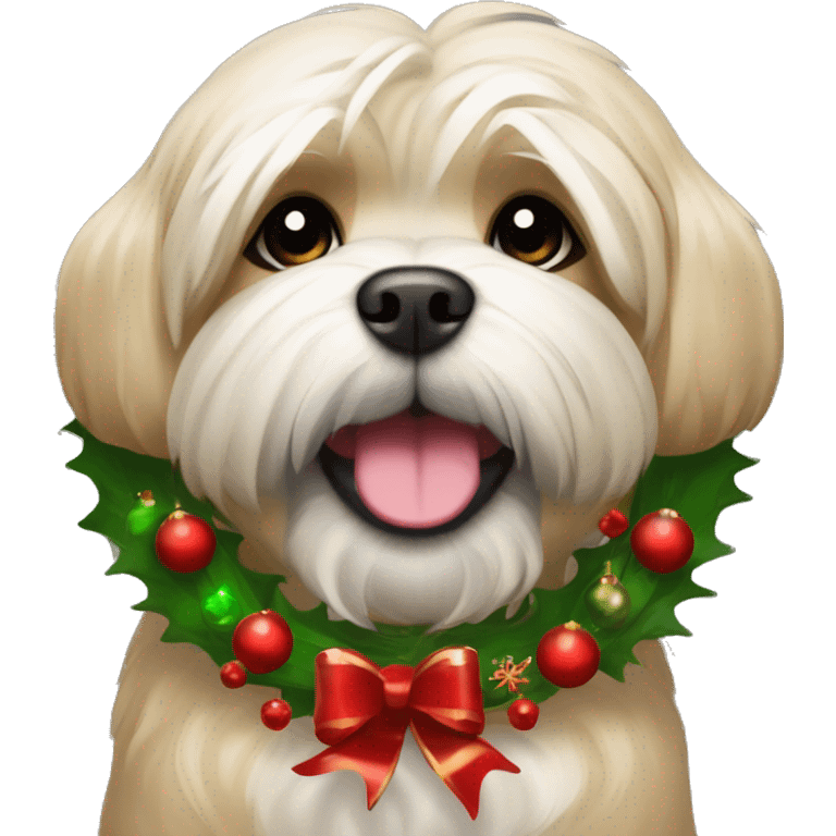 Happy Tan Lhasa Apso with Christmas wreath around it’s neck emoji