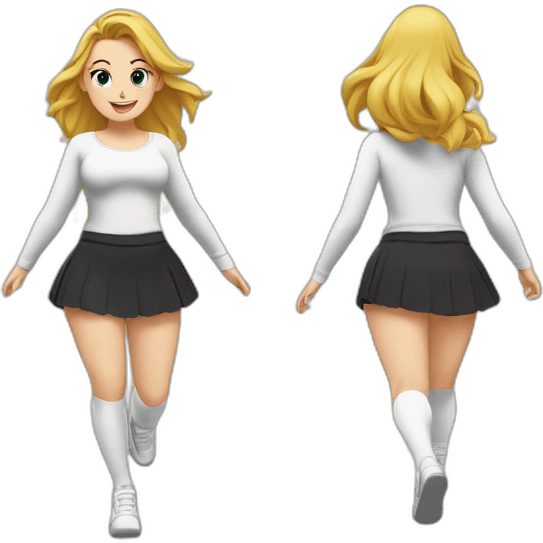 full-body-caucasian-curvy-beauty-jumping-short-black-skirt-back-and-front-views-strong-wind-white-knickers-long-white-socks emoji