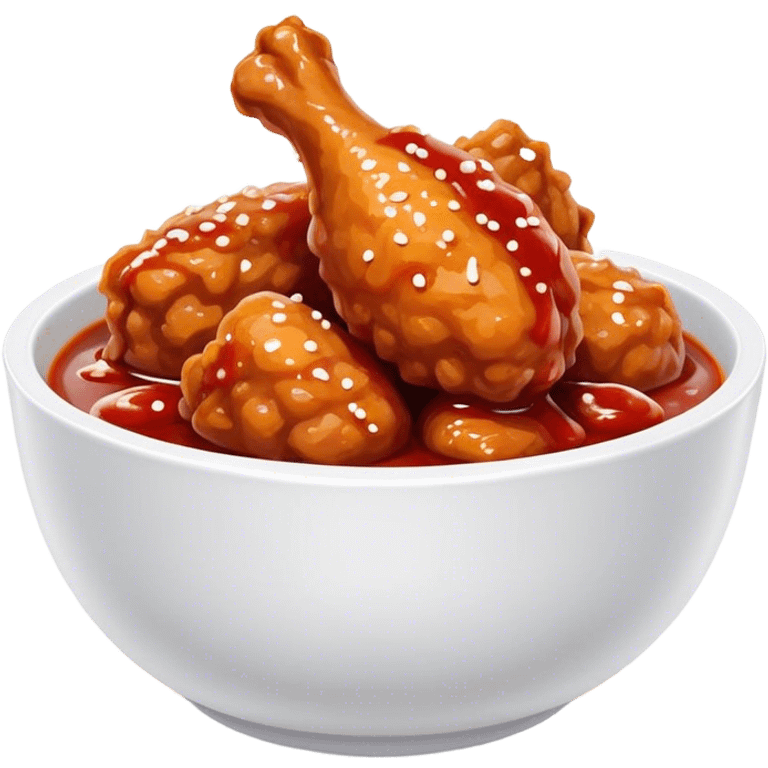 Korean Fried Chicken Cinematic Realistic Korean Fried Chicken Dish Emoji, depicted as bite-sized chicken chunks generously coated in a glossy, spicy sauce, in a bowl. emoji