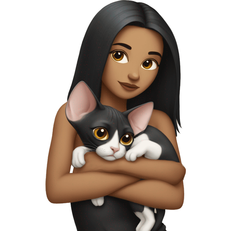 A girl with black hair hugs a sphinx cat emoji