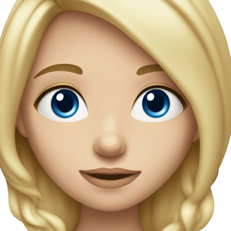 A blonde girl with slightly wavy hair that is to her chest, and blue eyes with mascara emoji